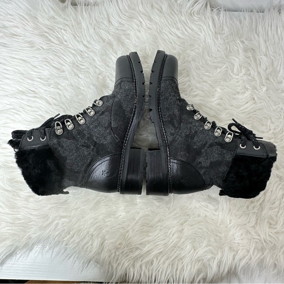 Frye Women’s Samantha Black Leather Canvas Shearling Combat Hiking Boots Size 8 - Picture 11 of 15